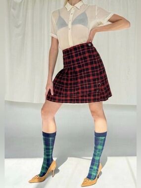 Vintage Evidence Canada Red Black Plaid Pleated Wrap Skirt - Size 11